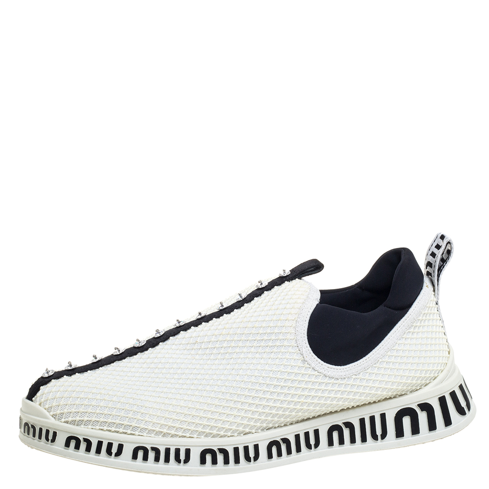 Pre-owned Miu Miu White Mesh Crystal Embellished Slip On Trainers Size 39.5