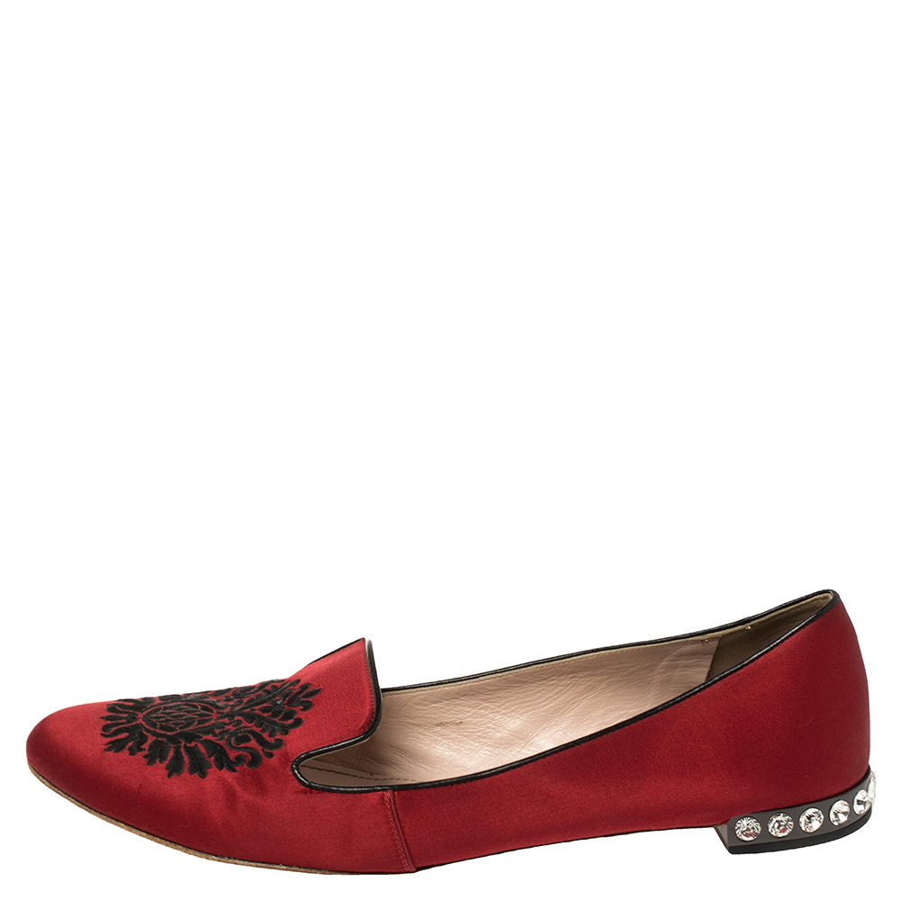

Miu Miu Red Satin Embroidered Crystal Studded Smoking Slippers Size