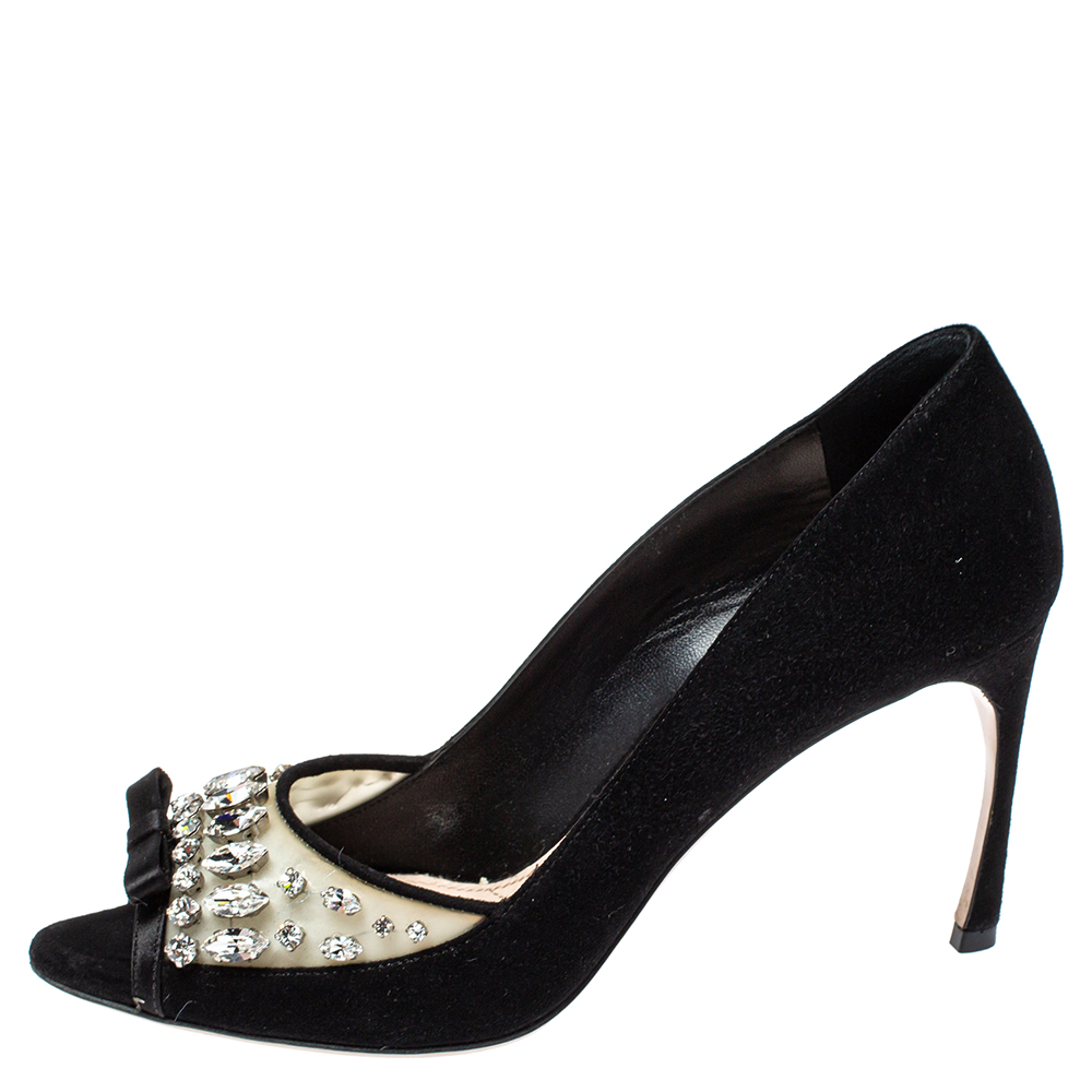 

Miu Miu Black Crystal Embellished PVC and Suede Peep Toe Pumps Size