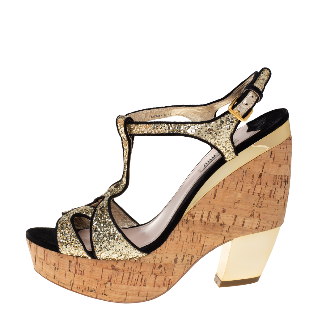

Miu Miu Gold/Black Glitter And Suede T-Strap Sandals Size