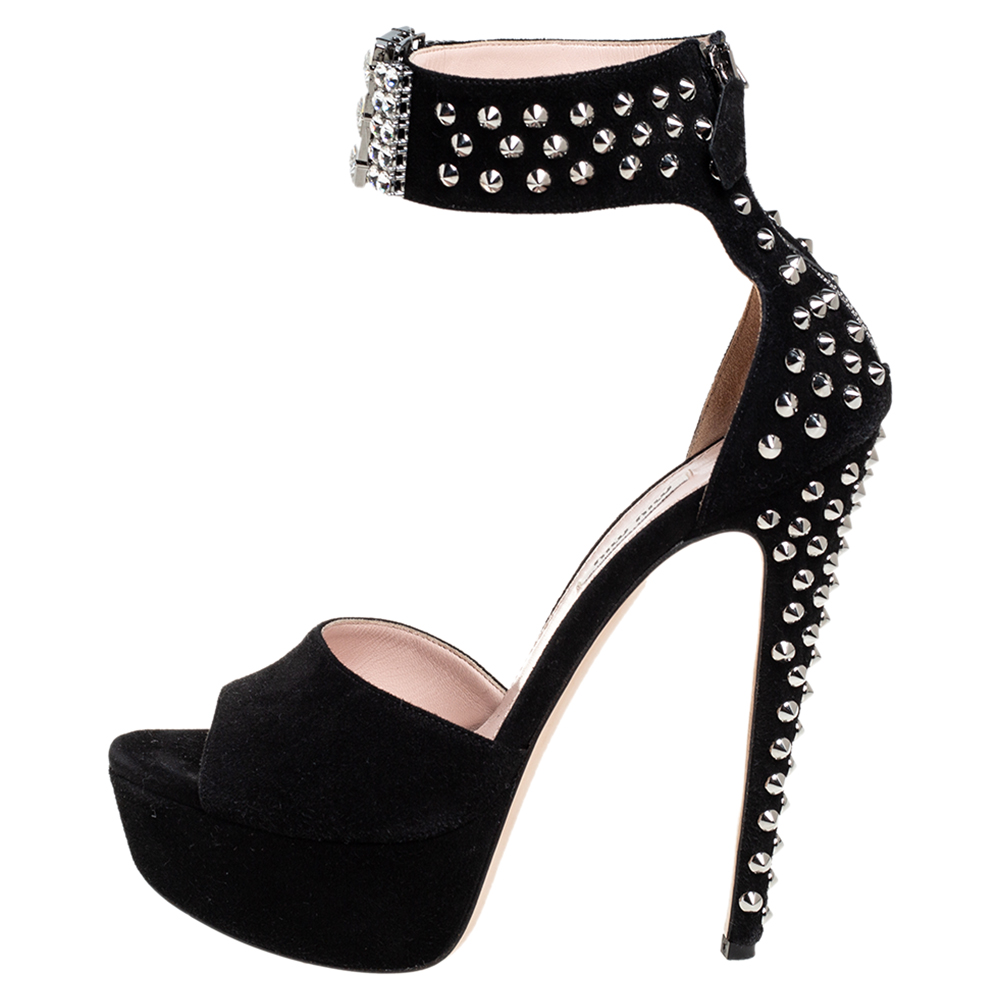 

Miu Miu Black Suede Embellished Platform Ankle Cuff Sandals Size