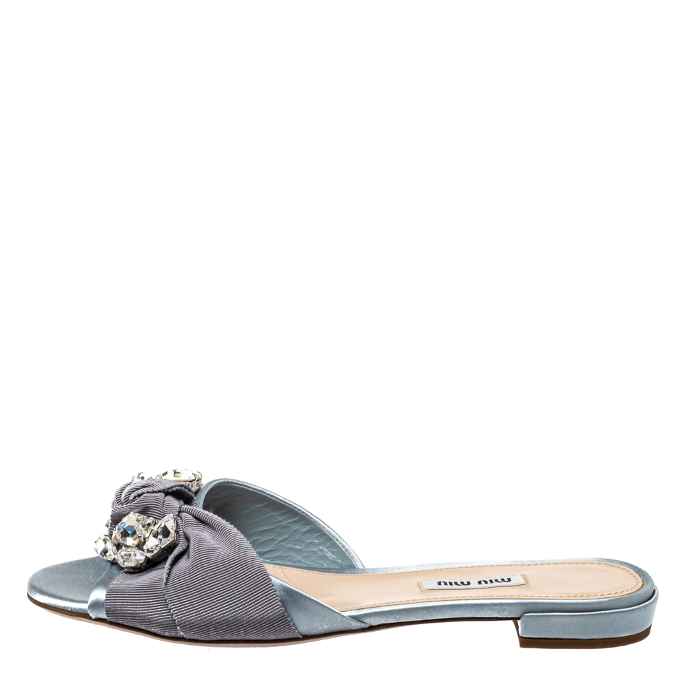 

Miu Miu Light Blue Satin And Canvas Knot Crystal Embellished Slide Sandals Size