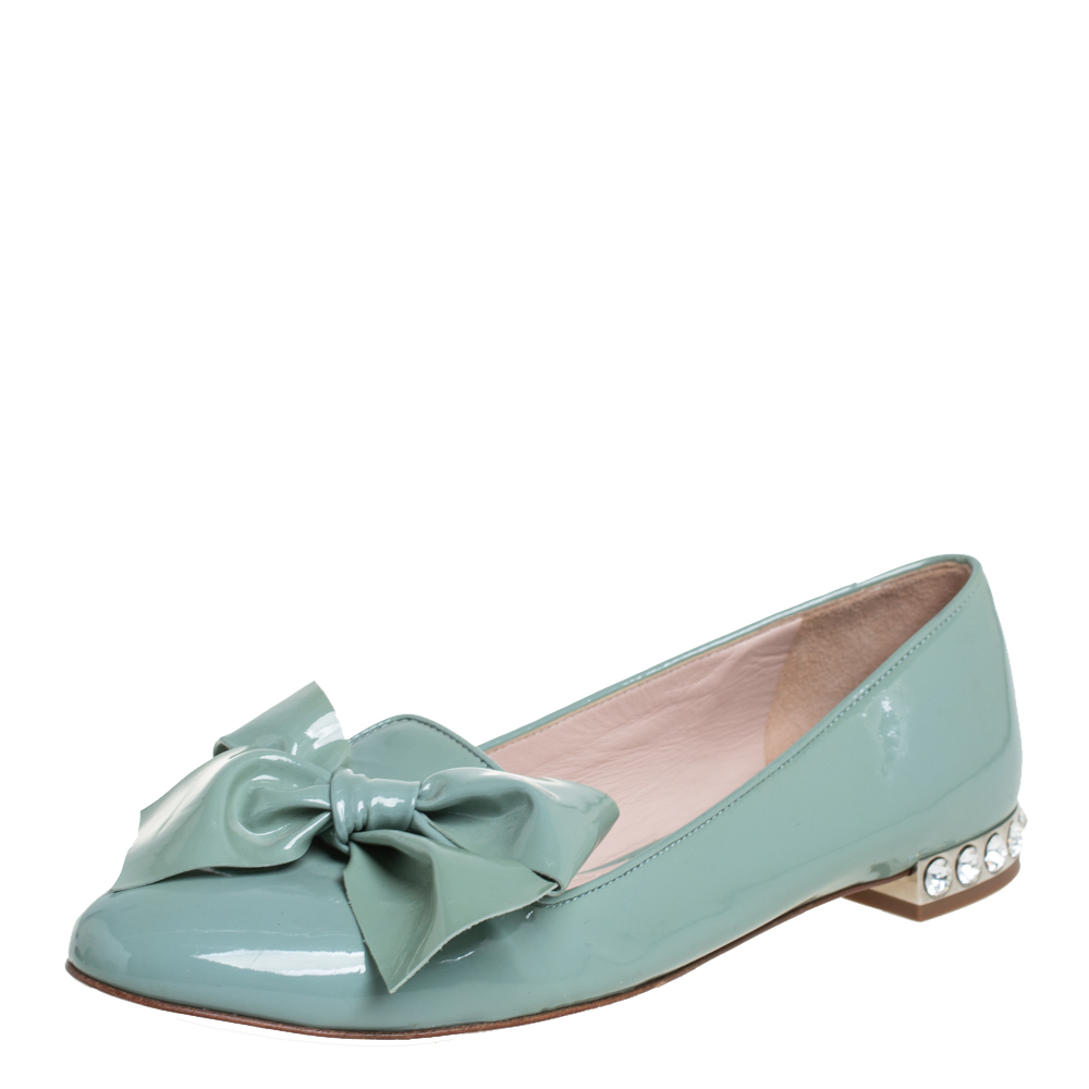 Pre-owned Miu Miu Green Patent Leather Crystal Embellished Bow Ballet Flats Size 36