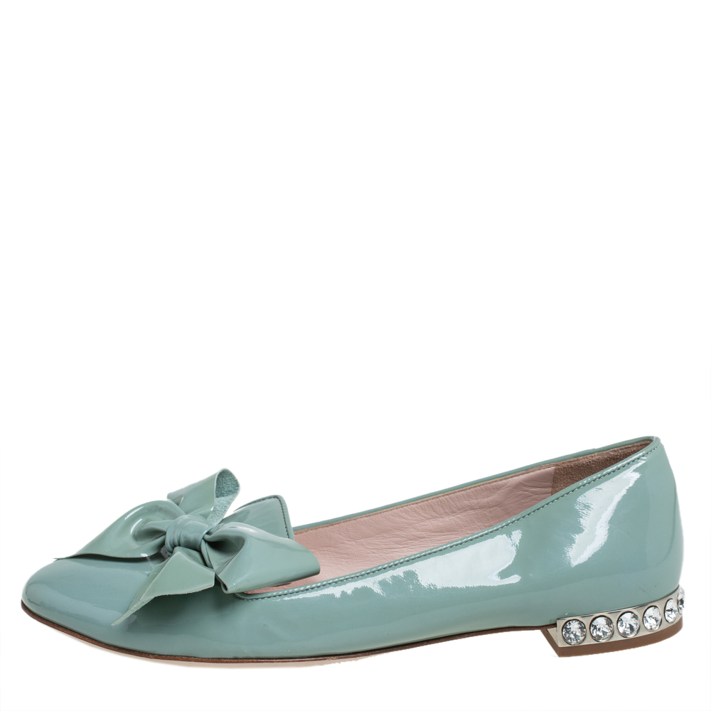 

Miu Miu Green Patent Leather Crystal Embellished Bow Ballet Flats Size