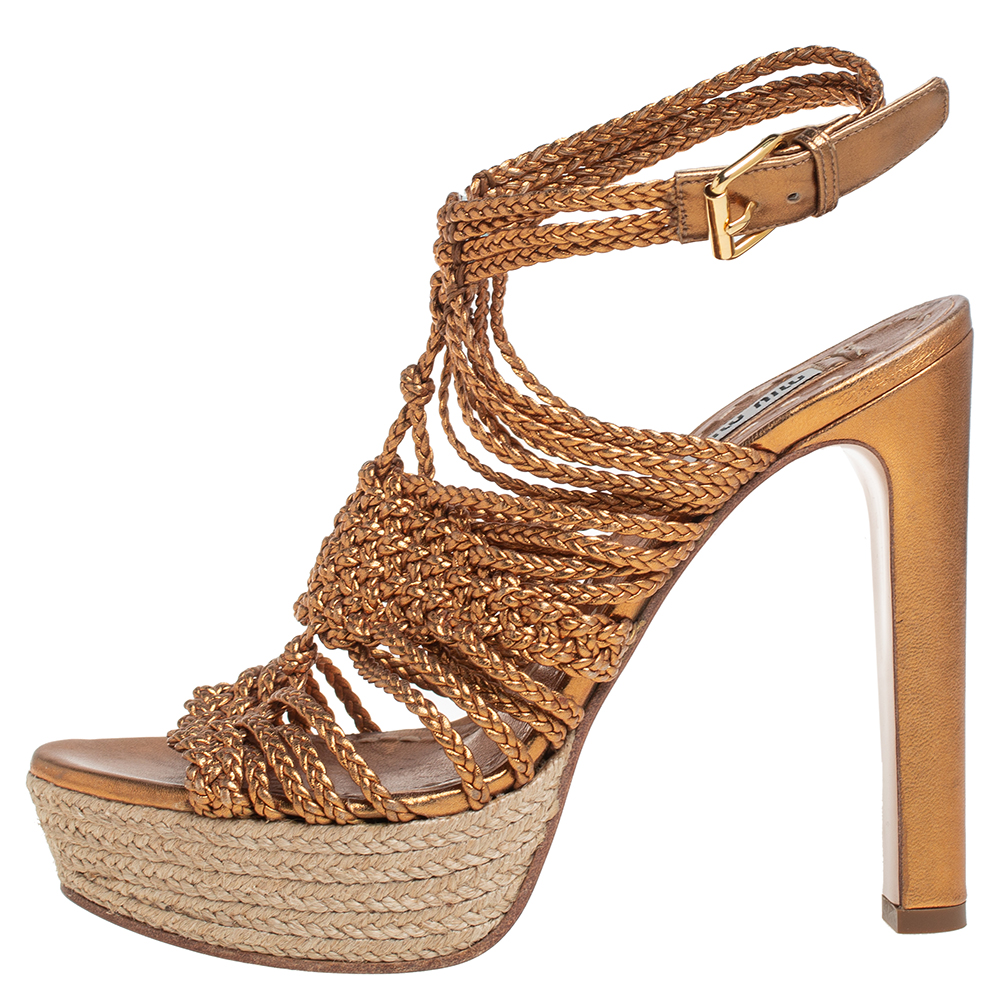 

Miu Miu Gold Leather Block Heel Espadrille Platform Sandals Size