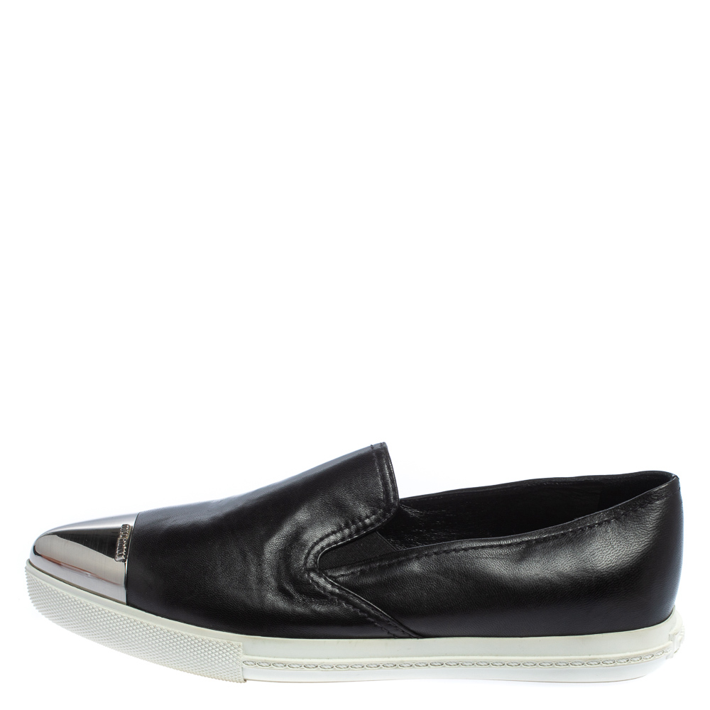 

Miu Miu Black Leather Metal Cap Toe Slip On Sneakers Size