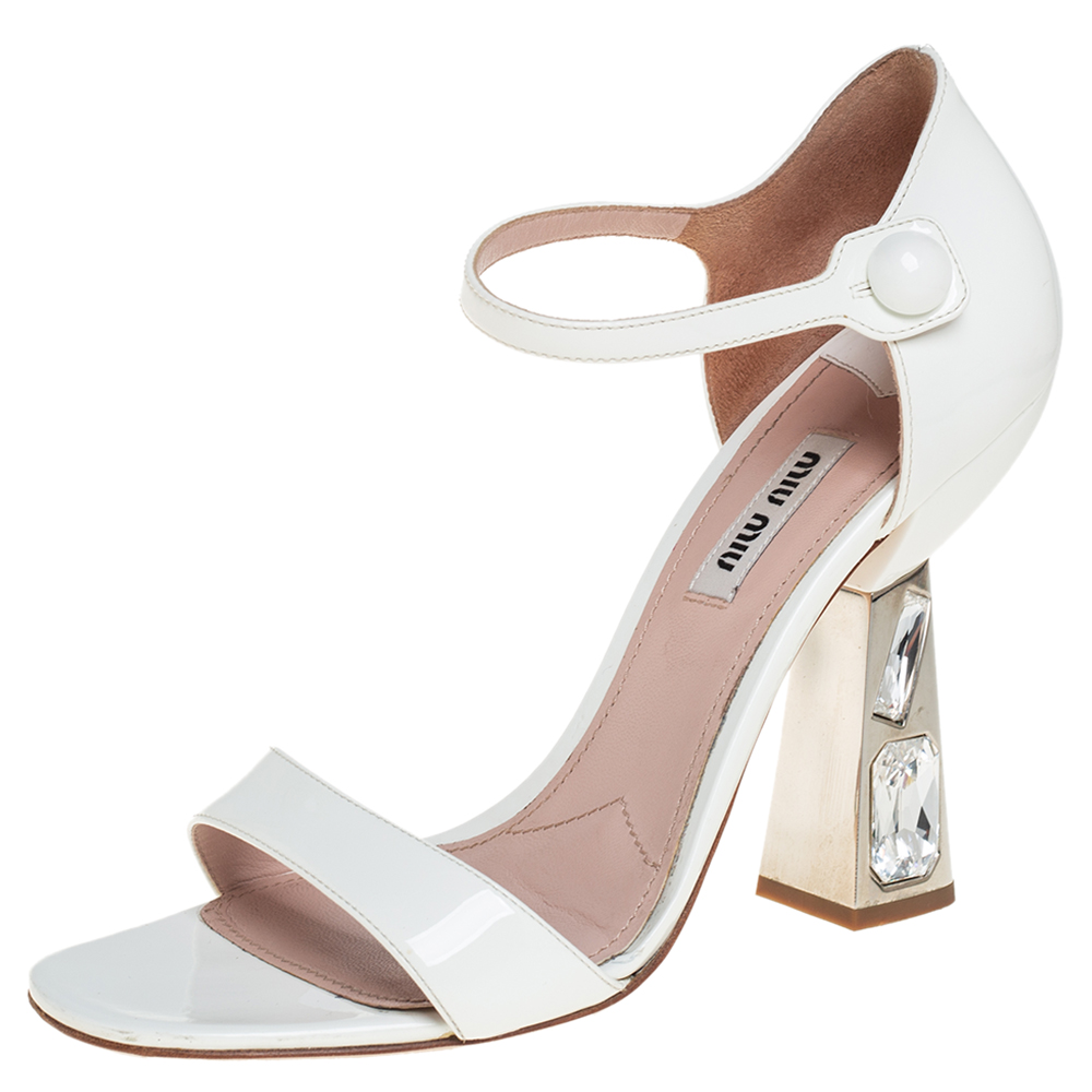 Pre-owned Miu Miu White Patent Leather Crystal Embellished Heel Ankle Strap Sandals Size 37.5