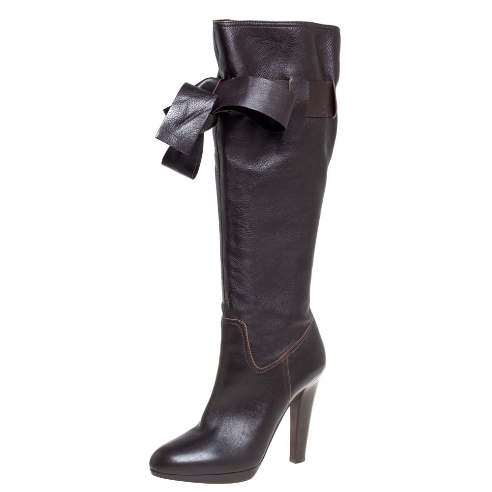 Pre-owned Miu Miu Brown Leather Knee High Boots Size 37.5