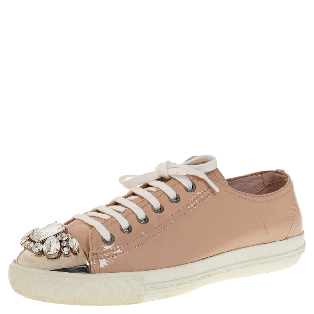 Pre-owned Miu Miu Beige Patent Leather Crystal Embellished Low Top Sneakers Size 39