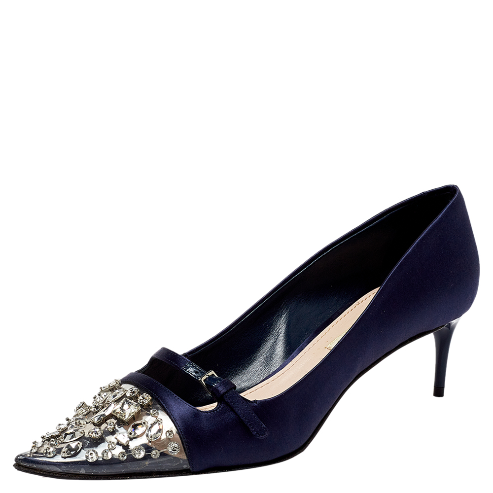 Pre-owned Miu Miu Blue Satin Crystal Embellished Buckle Detail Pointed Toe Pumps Size 38