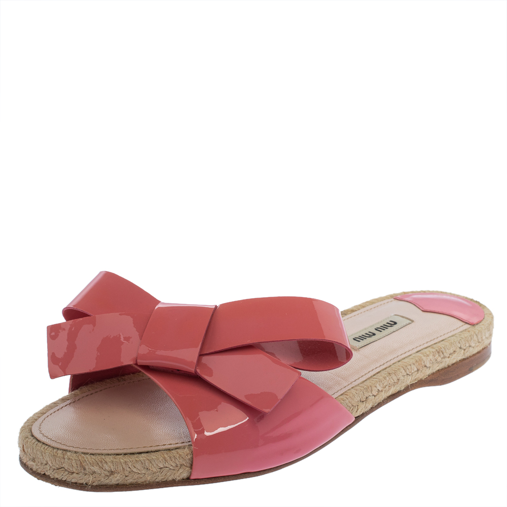 Pre-owned Miu Miu Pink Patent Leather Bow Espadrille Slide Flats Size 39