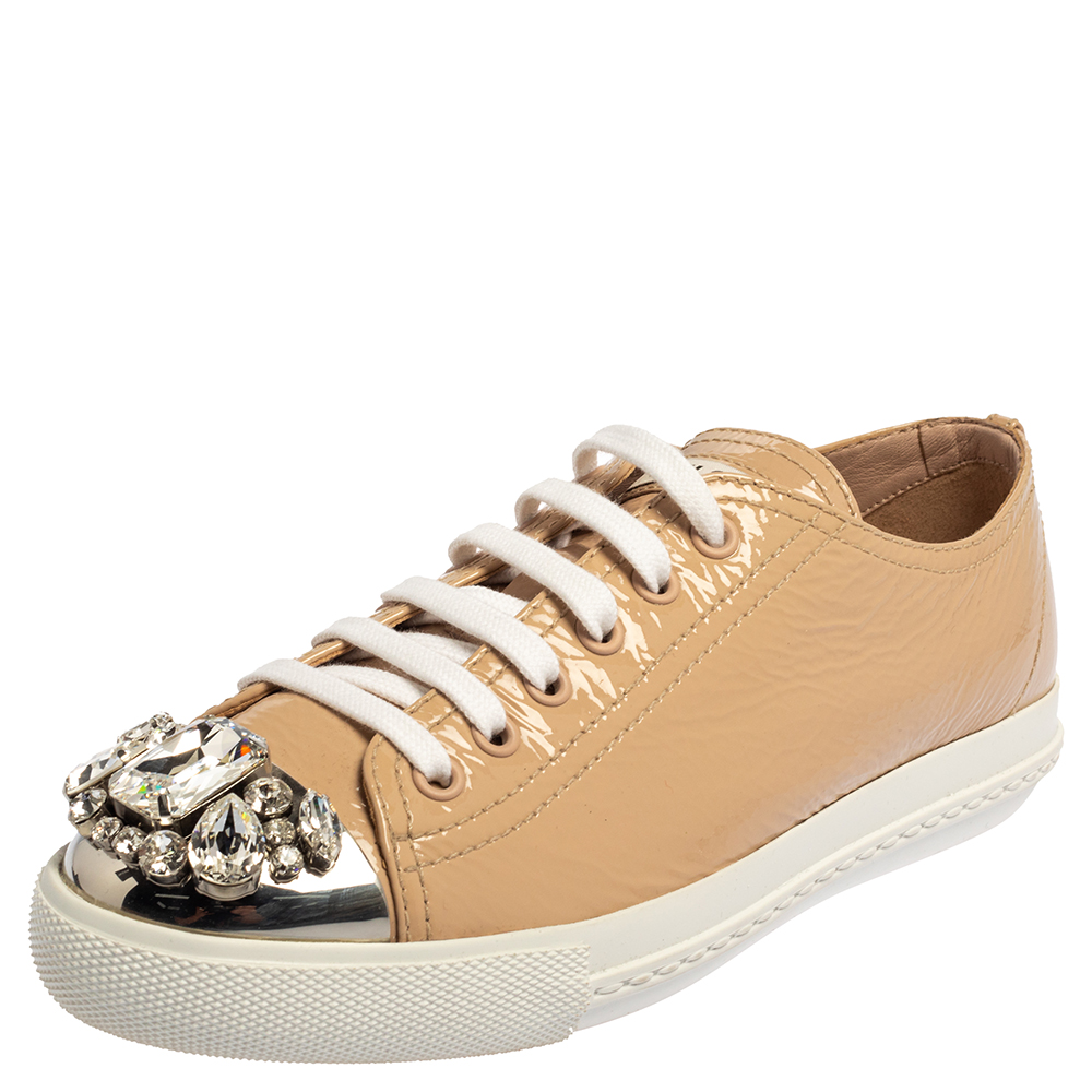 Pre-owned Miu Miu Beige Patent Leather Crystal Embellished Cap Toe Sneakers Size 37.5