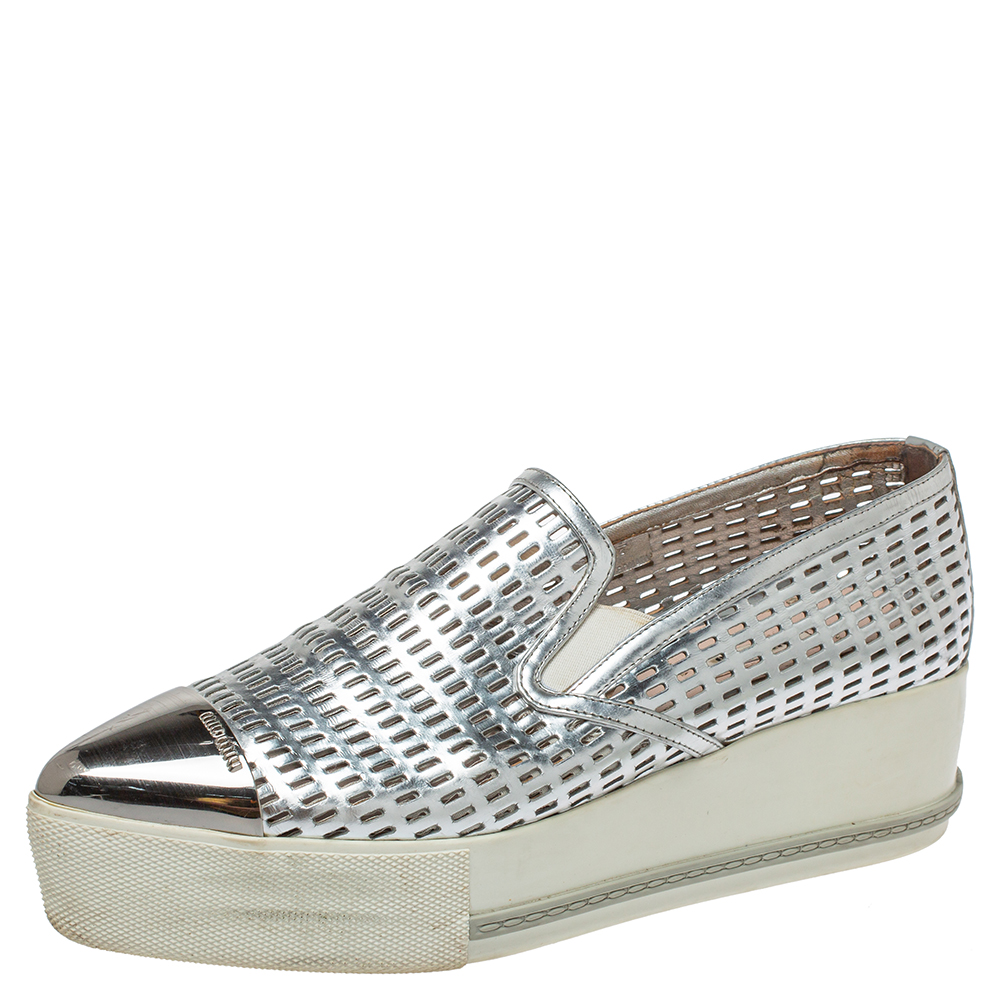 Pre-owned Miu Miu Silver Perforated Leather Metal Cap Toe Platform Trainers Size 39.5