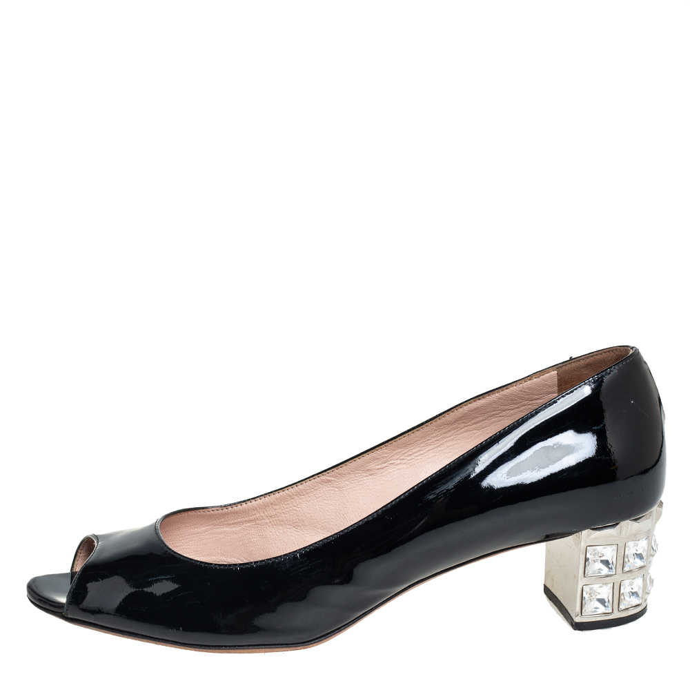 

Miu Miu Black Patent Leather Crystal Embellished Block Heel Peep Toe Pumps Size