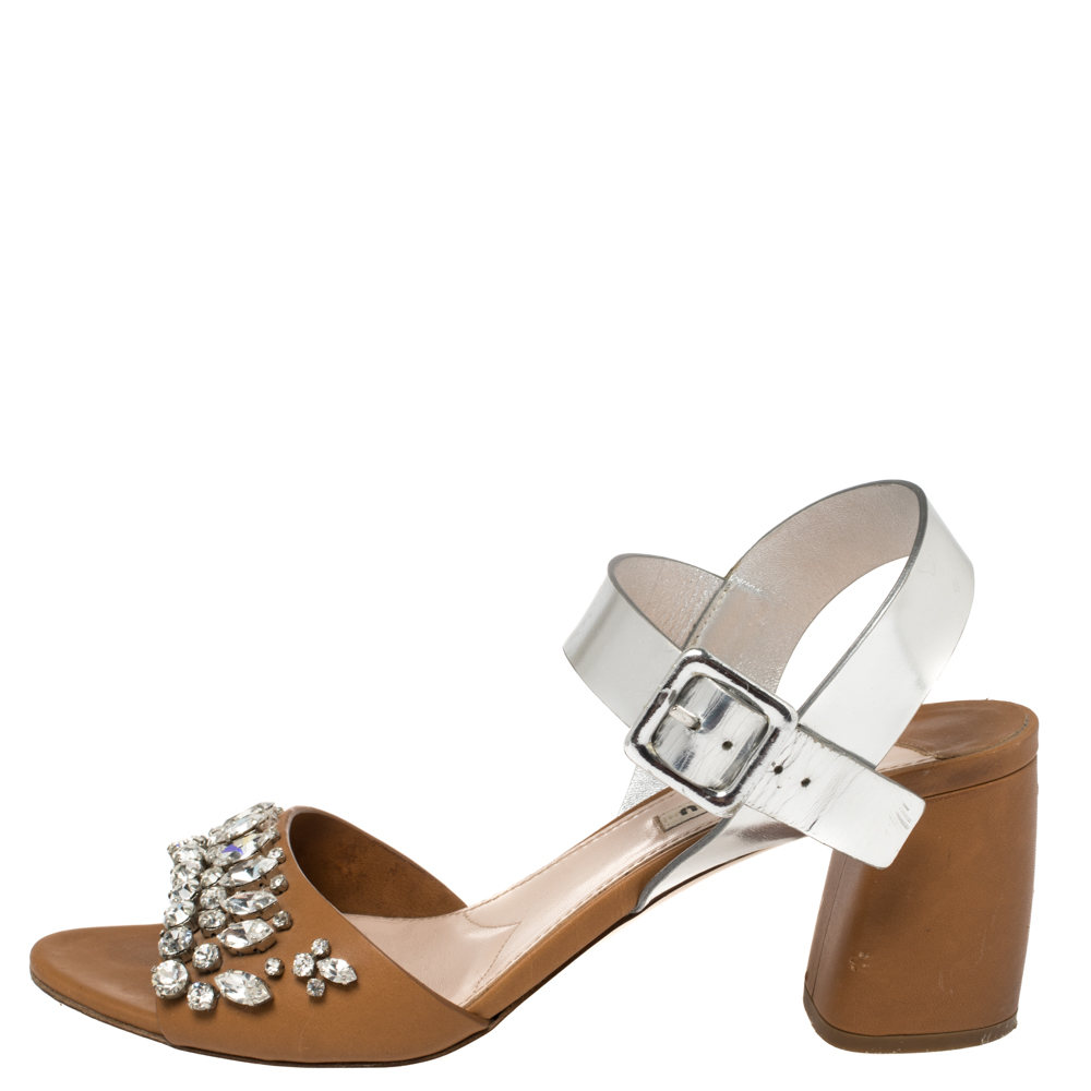 

Miu Miu Brown/Metallic Silver Patent Leather and Leather Crystal Embellished Block Heel Ankle Strap Sandals Size