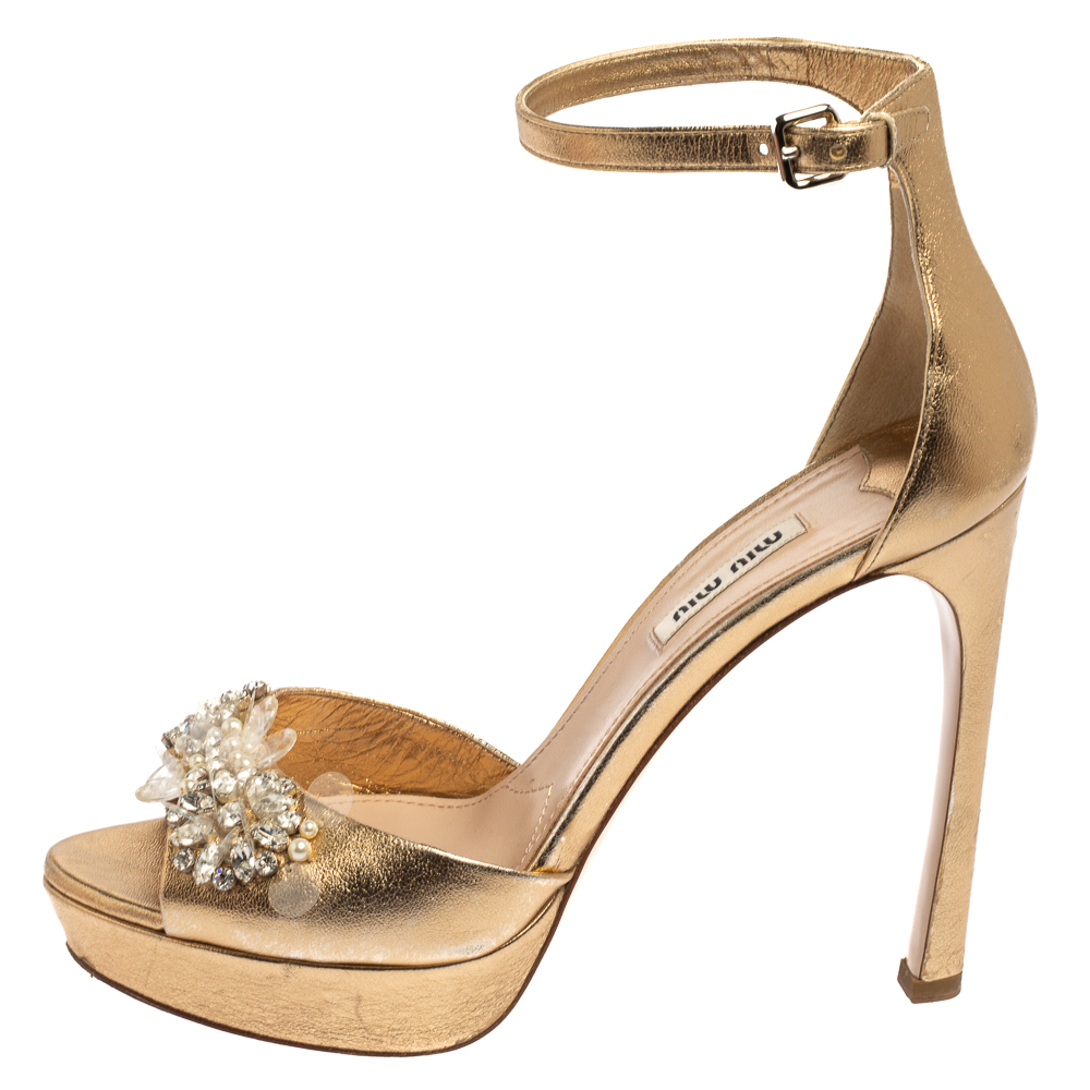 

Miu Miu Gold Leather Embellished Ankle Strap Platform Sandals Size