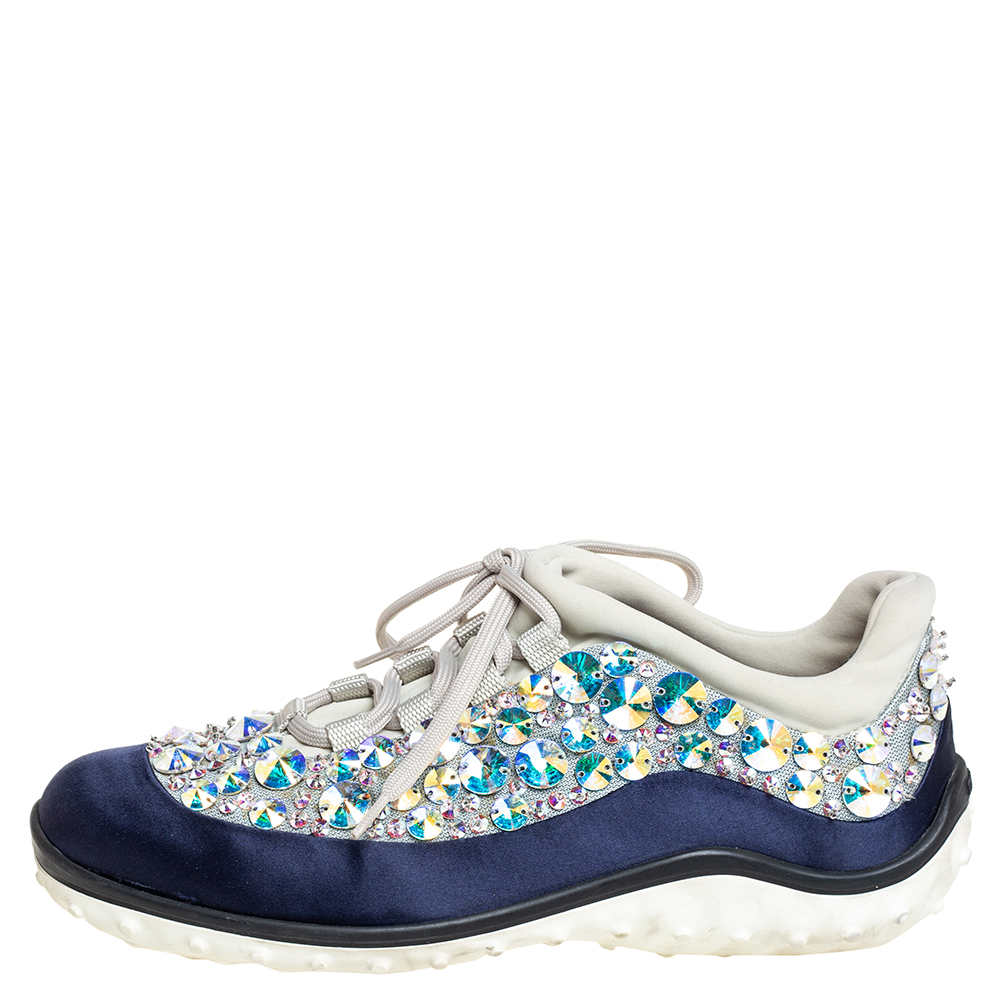 

Miu Miu Blue/Grey Satin And Mesh Astro Low Top Sneakers Size