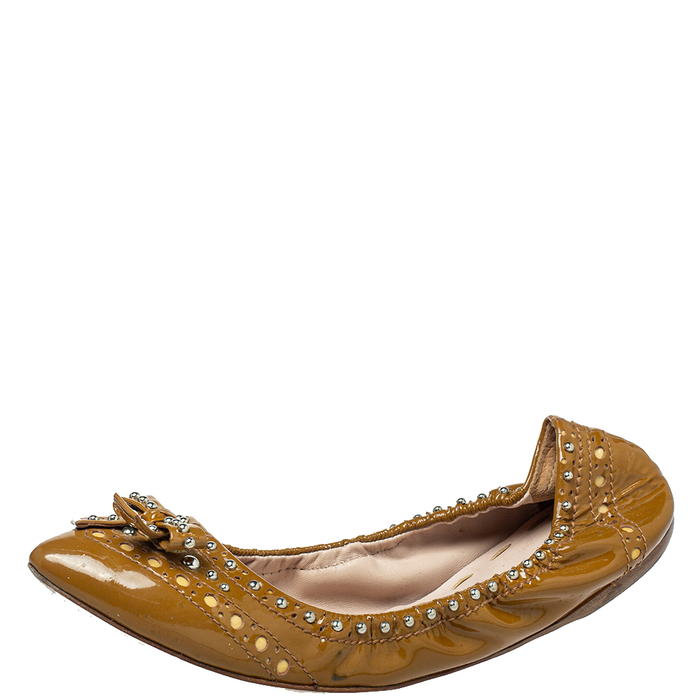 Pre-owned Miu Miu Brown Patent Leather Studded Ballet Flats Size 41