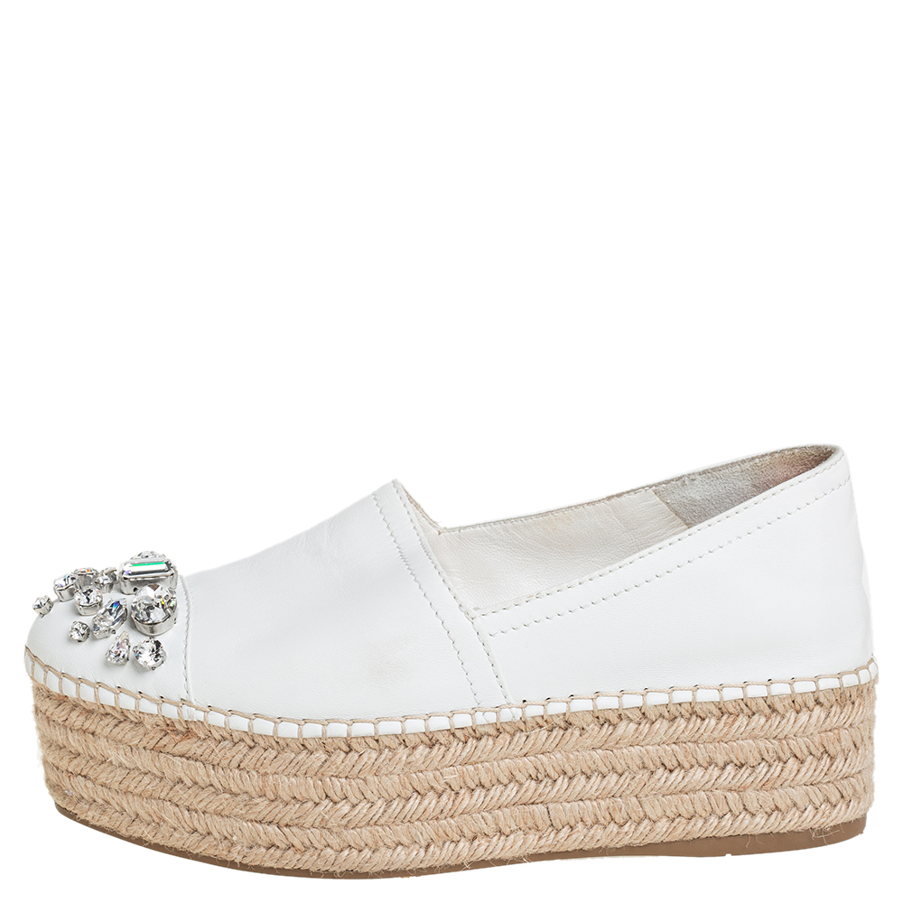 

Miu Miu Off White Leather Crystal Embellished Espadrilles Size