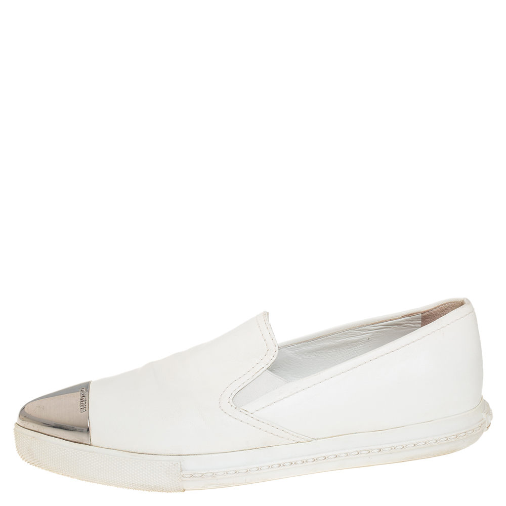 

Miu Miu White Leather Metal Cap Toe Platform Slip On Sneakers Size