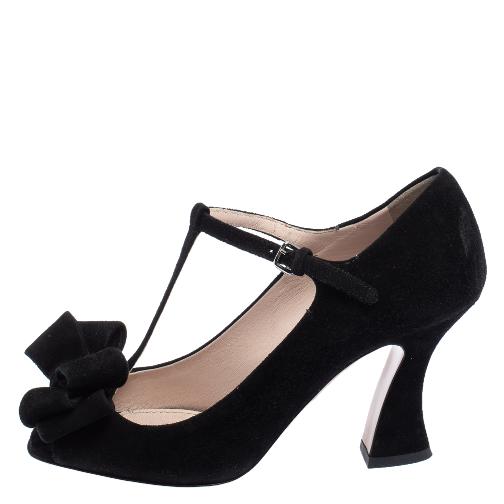 

Miu Miu Black Suede Bow T-Strap Sandals Size