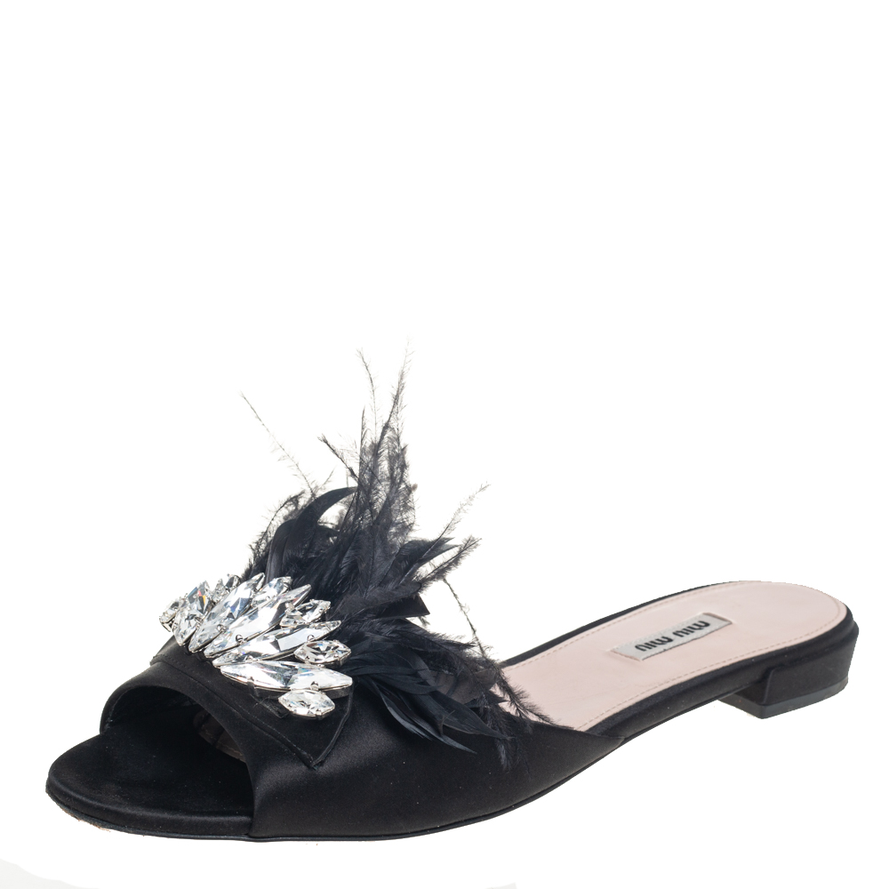 Pre-owned Miu Miu Black Satin And Feathers Crystal Embellished Flat Slides Size 41