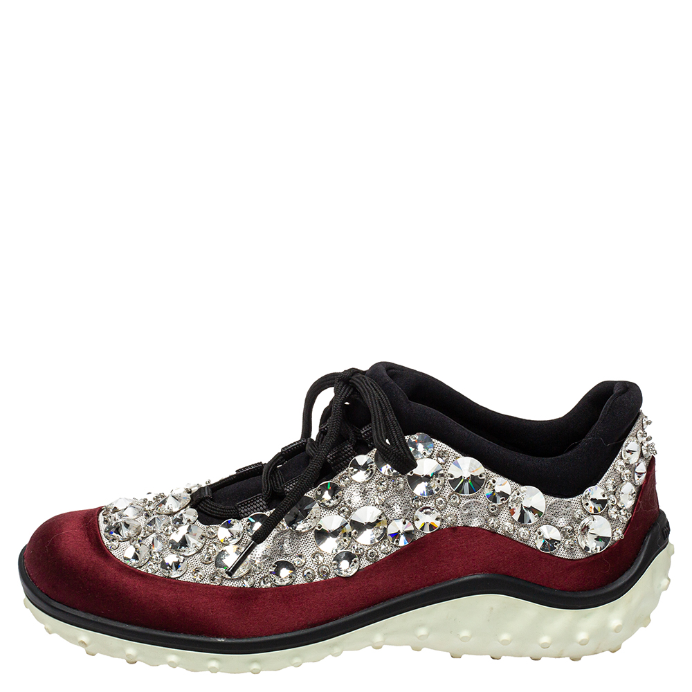 

Miu Miu Burgundy/Black Mesh And Satin Astro Sneakers Size