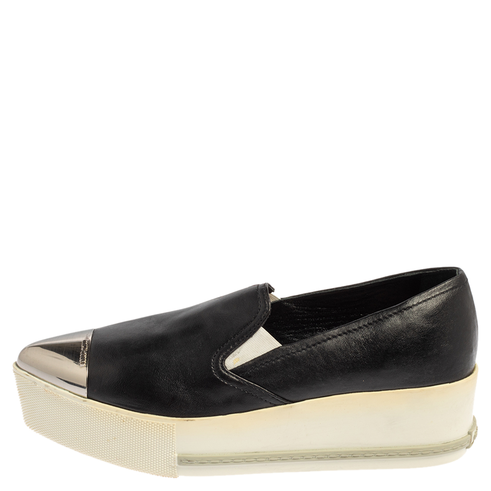 

Miu Miu Black Leather Metal Cap Toe Slip On Sneakers Size