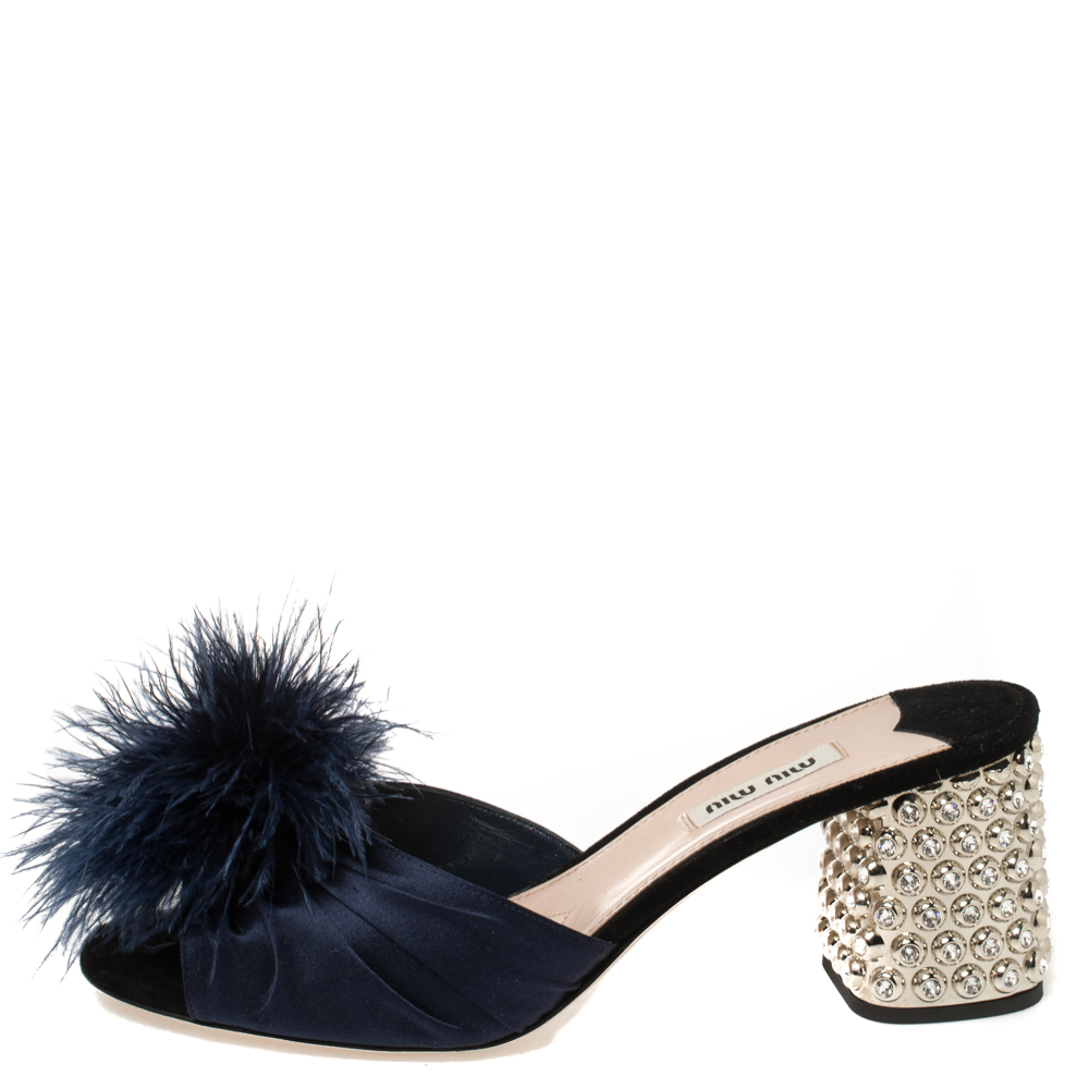 

Miu Miu Blue Satin Feather and Crystal Embellished Heel Mules Size