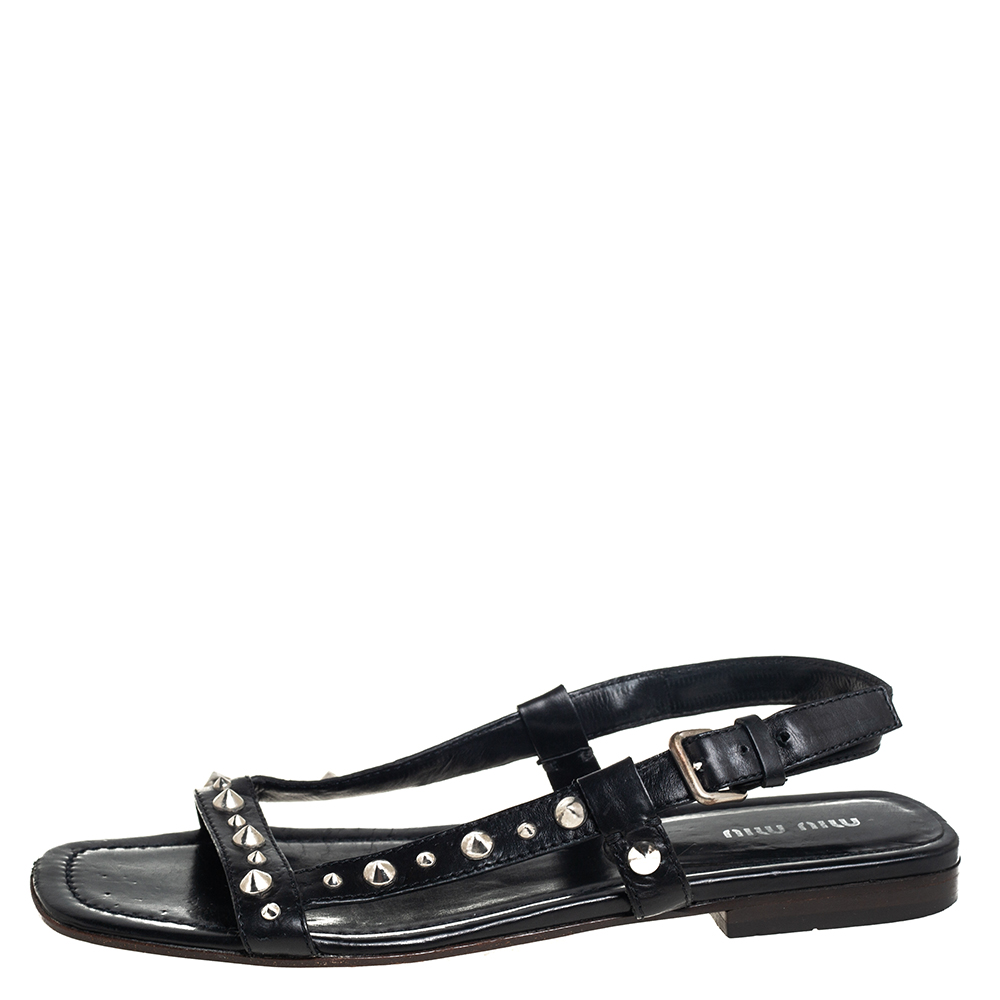 

Miu Miu Black Studded Leather Slingback Flats Size