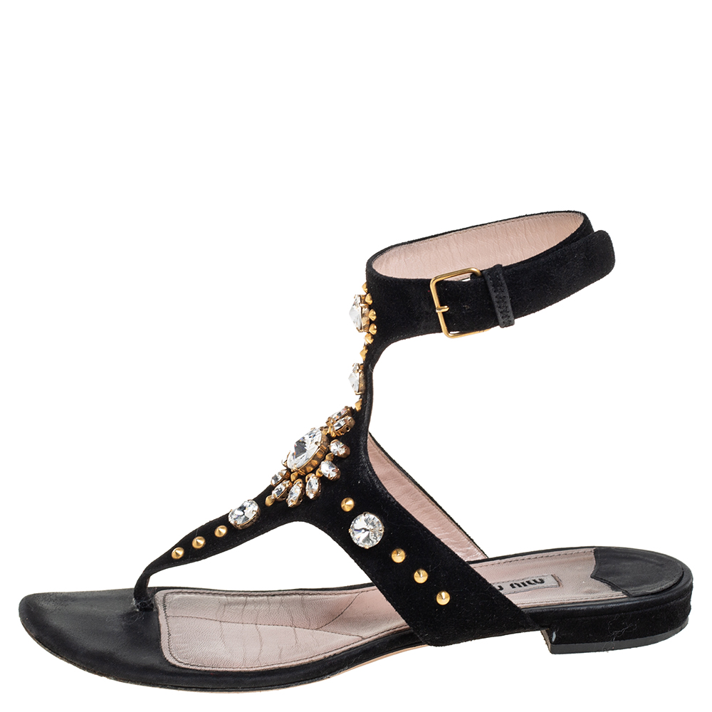 

Miu Miu Black Suede Crystal T strap Sandals Size