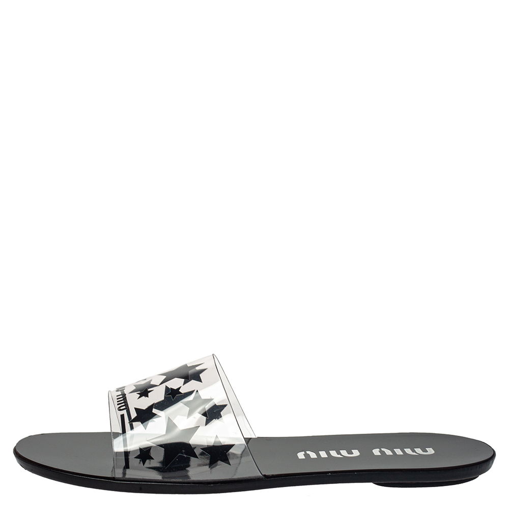 

Miu Miu Black/White Star Print PVC Slide Sandals Size