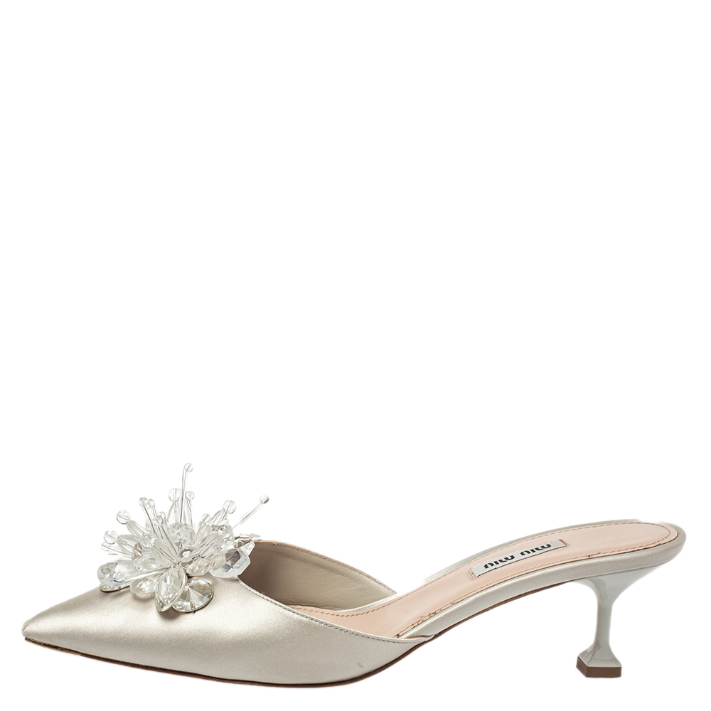 

Miu Miu Grey Satin Crystal Embellished Mule Sandals Size