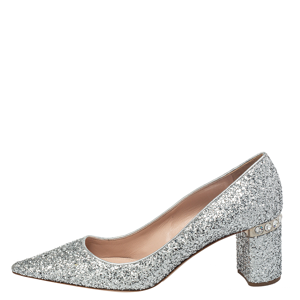 

Miu Miu Silver Glitter Block Heel Pointed Toe Embellished Pumps Size