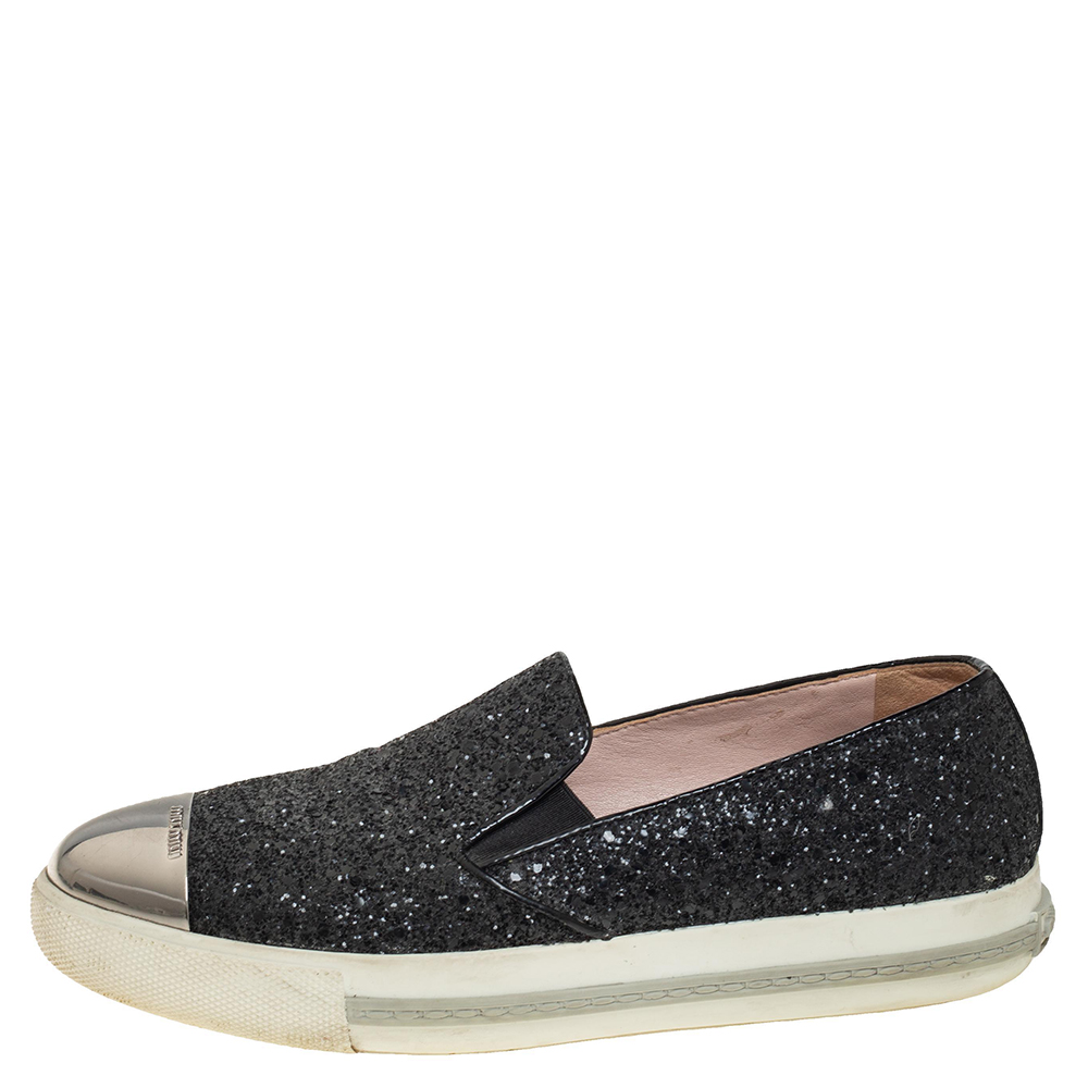 

Miu Miu Black Glitter And Metal Cap Toe Slip On Sneakers Size