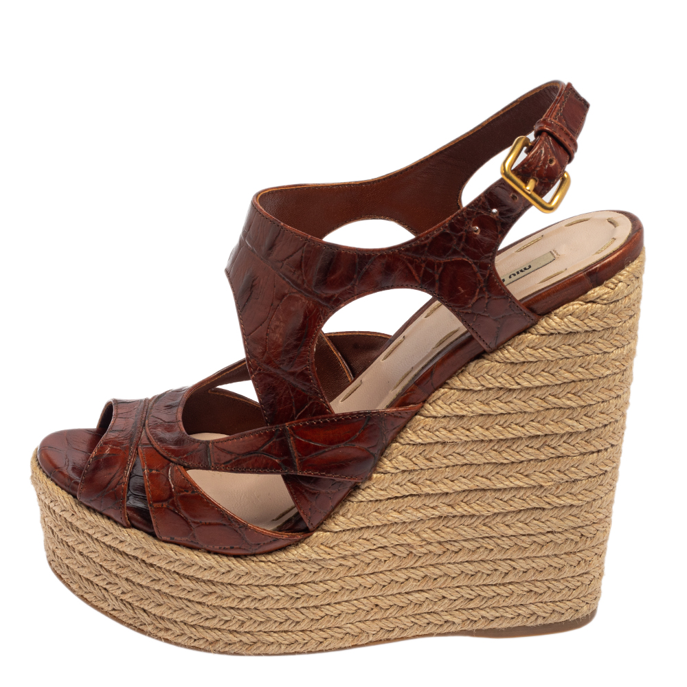

Miu Miu Brown Embossed Leather Espadrille Wedge Sandals Size