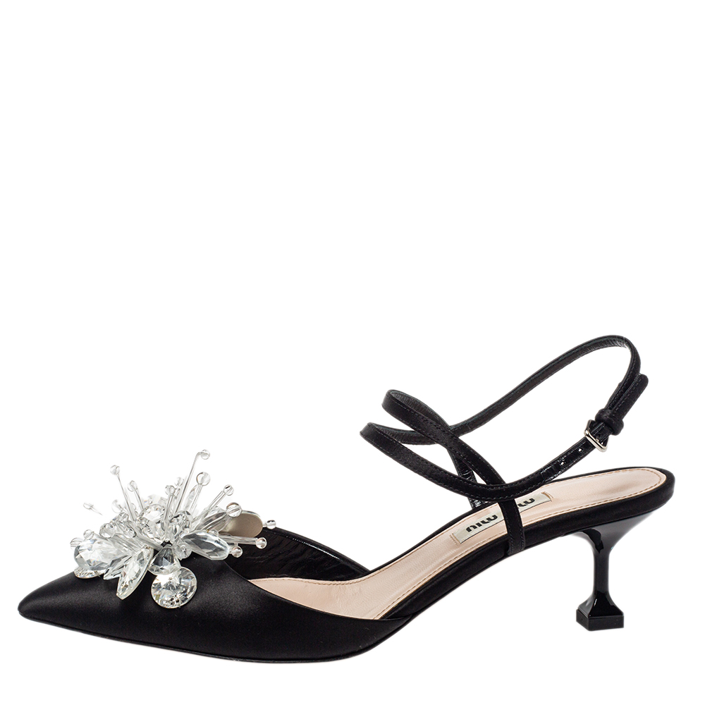 

Miu Miu Black Satin Embellisehd Slingback Sandals Size