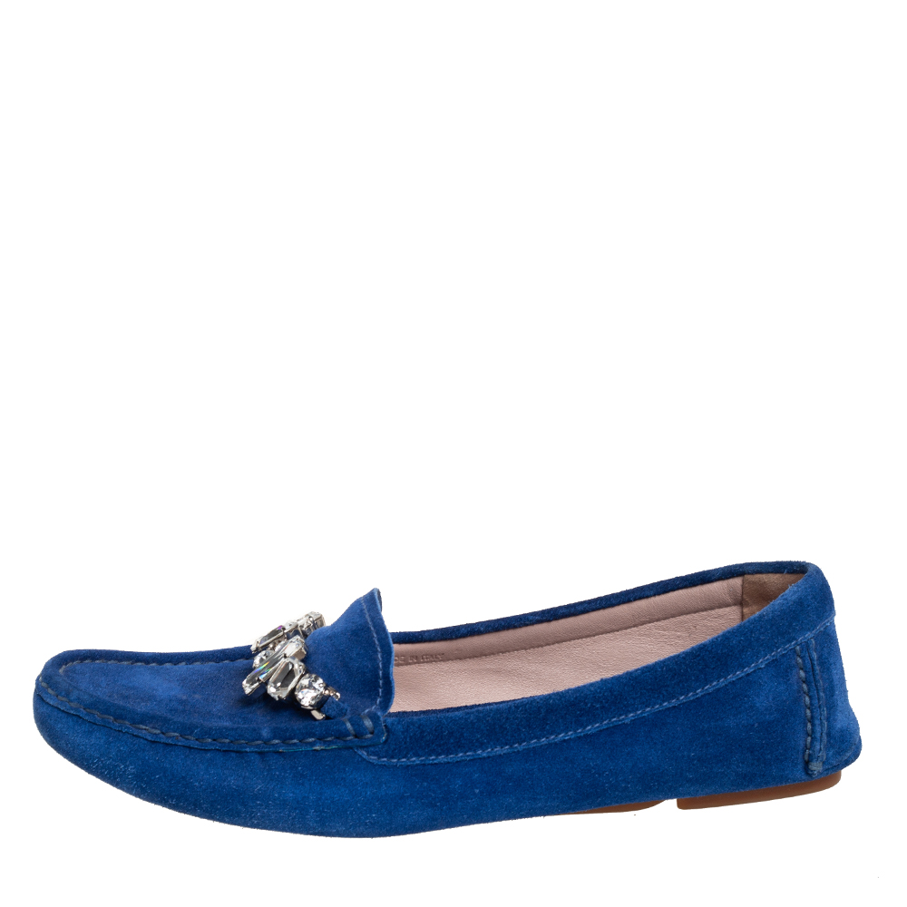 

Miu Miu Blue Suede Crystal Embellished Slip On Loafers Size