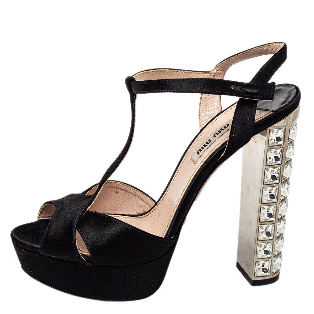

Miu Miu Black Satin T-Strap Crystal Embellished Heel Platform Sandals Size