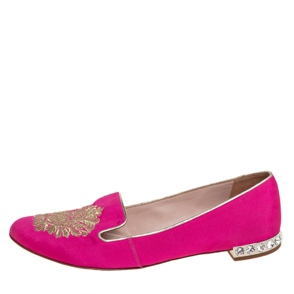 

Miu Miu Pink Canvas Embroidered Crystal Studded Smoking Slippers Size