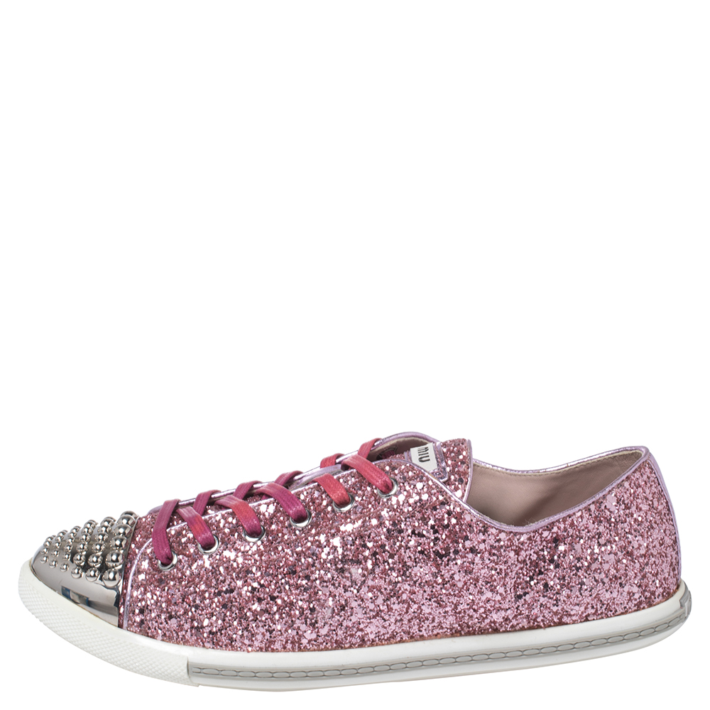 

Miu Miu Pink Glitter Low Top Sneakers Size