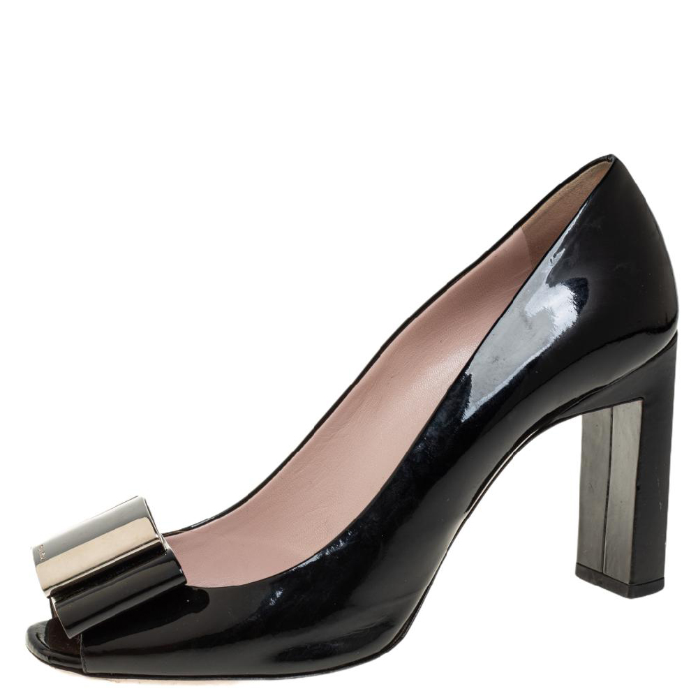 

Miu Miu Black Patent Leather Bow Open Toe Block Heel Pumps Size