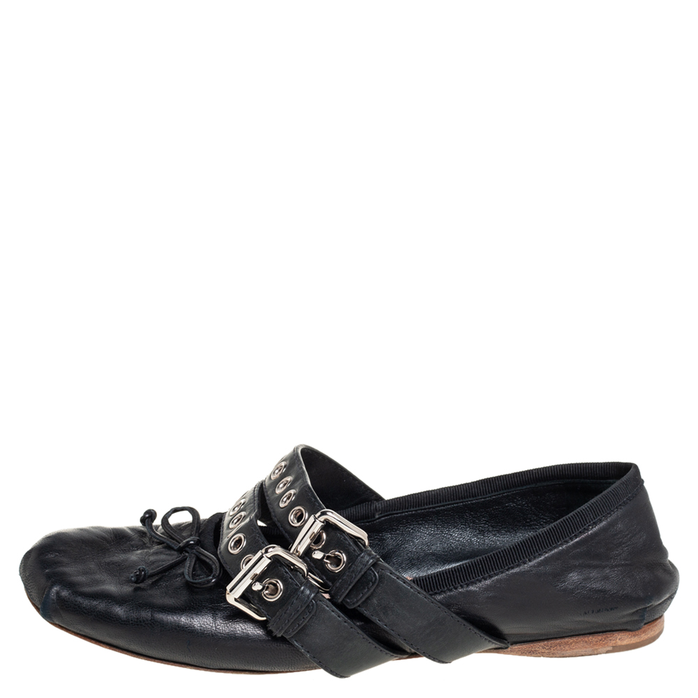 

Miu Miu Black Leather Buckle Ballet Flats Size