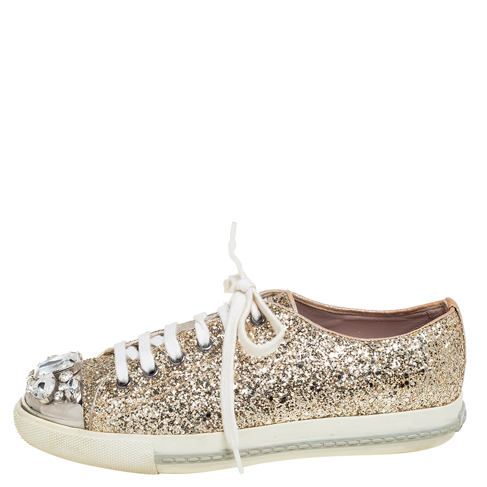 

Miu Miu Gold Glitter Crystal Embellished Metal Cap Toe Low Top Sneakers Size