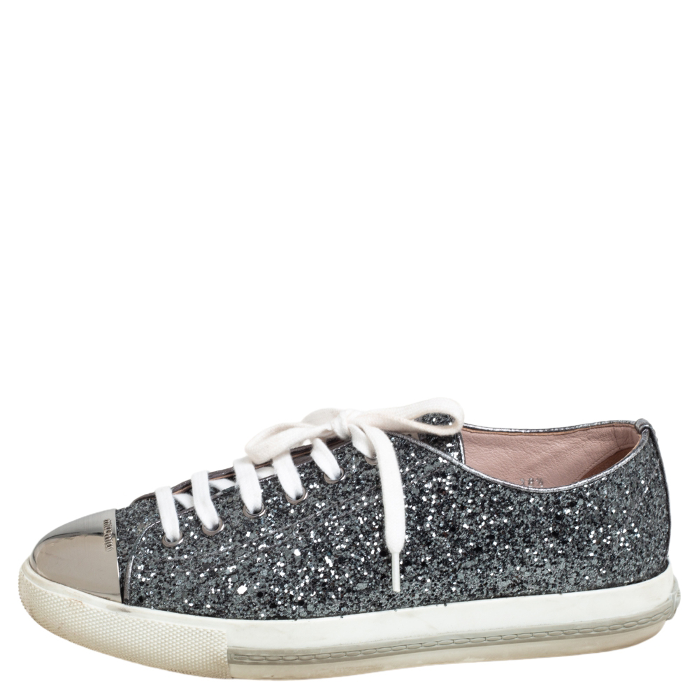 

Miu Miu Grey Glitter And Metal Cap Toe Low Top Sneakers Size, Silver