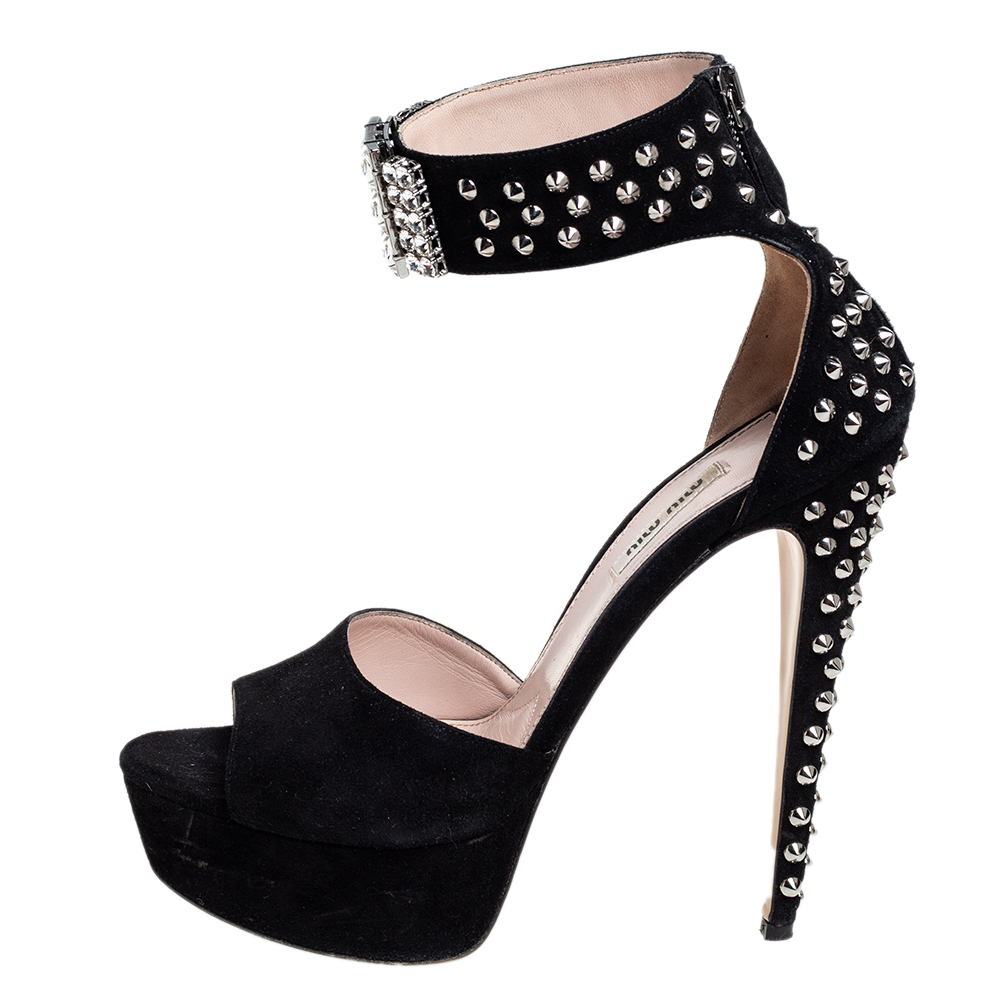 

Miu Miu Black Suede Crystal Embellished Studded Heel Ankle Cuff Platform Sandals Size