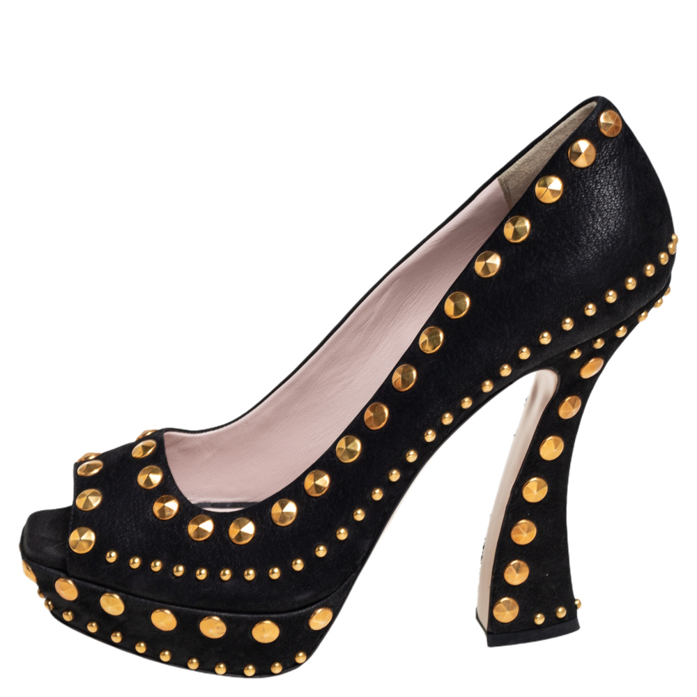 

Miu Miu Black Nubuck Leather Studded Peep Toe Pumps Size