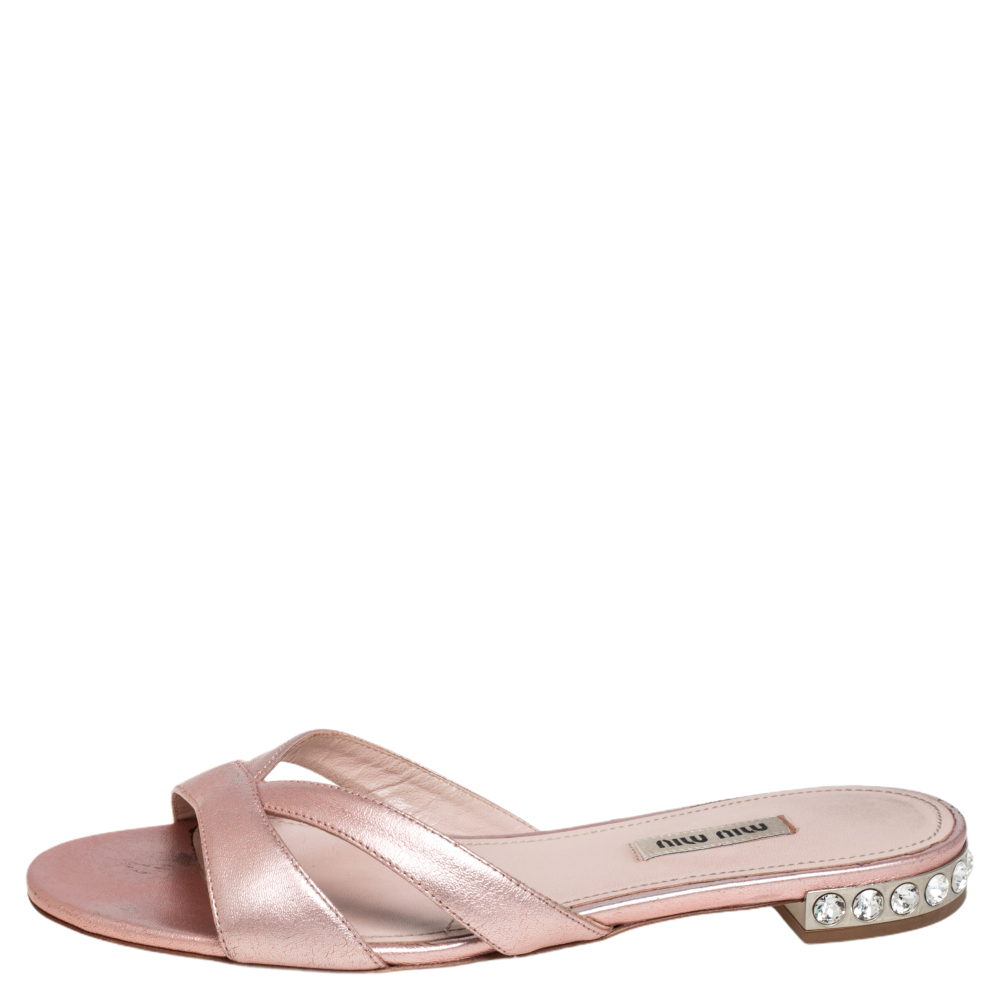 

Miu Miu Metallic Pink Leather Jewel Embellished Heel Slide Sandals Size