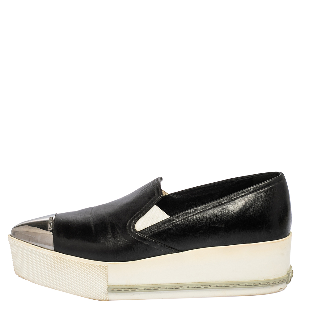 

Miu Miu Black Leather Cap Top Skater Slip On Sneakers Size