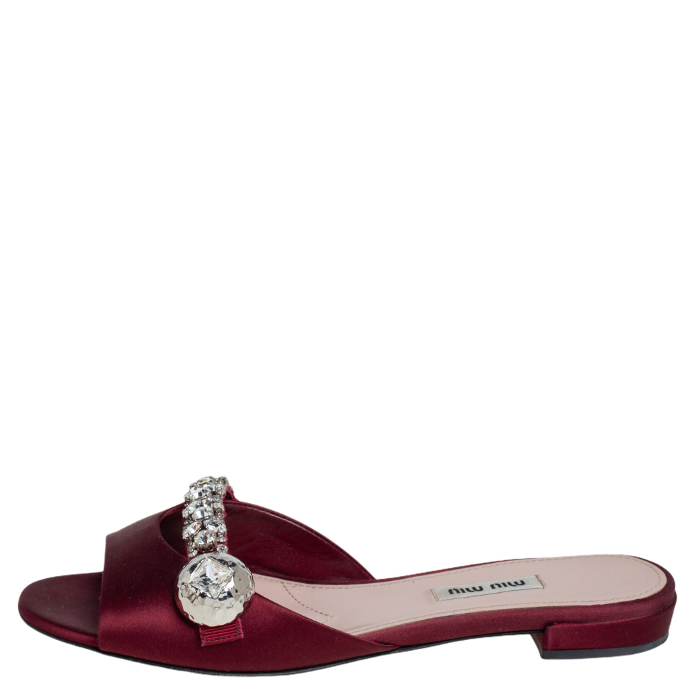 

Miu Miu Burgundy Satin Crystal Embellished Flats Size